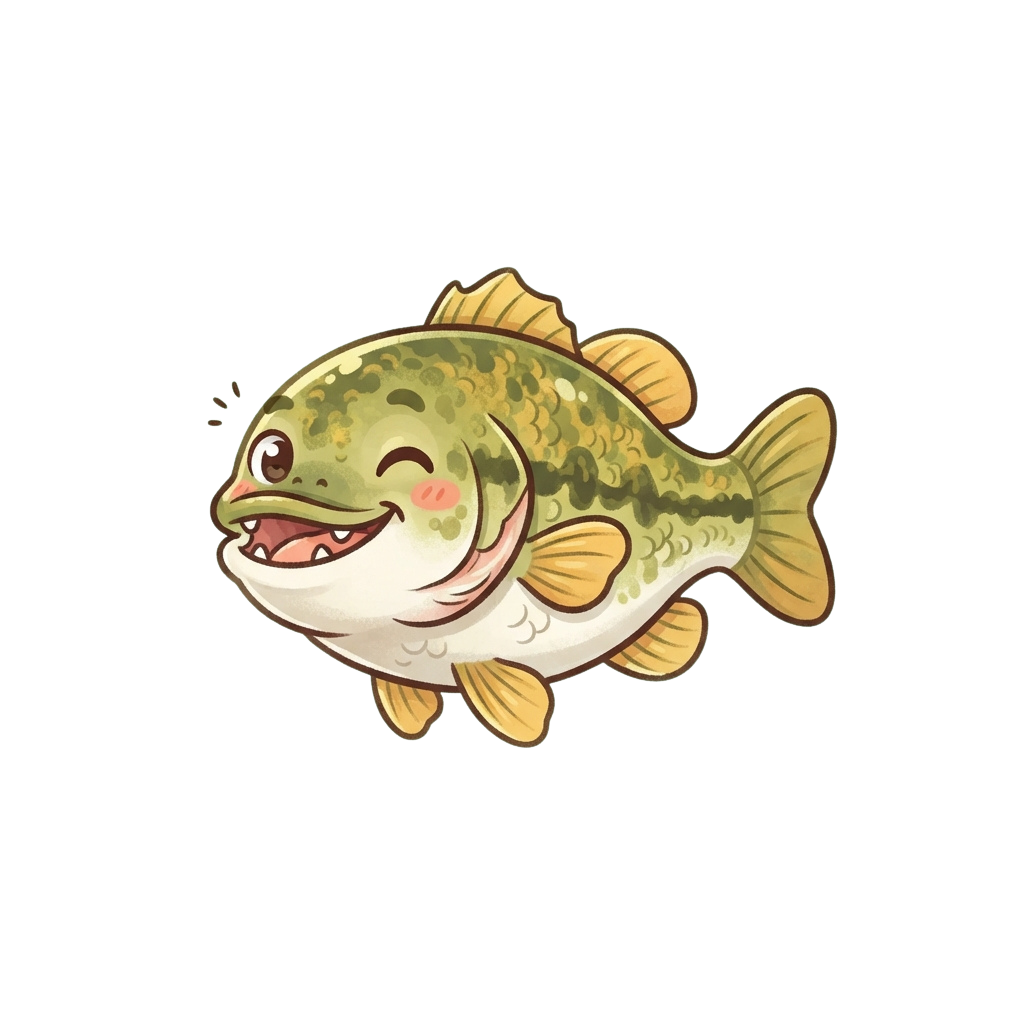 A cheerful cartoon bass fish with a smiling face and bubbles above its head