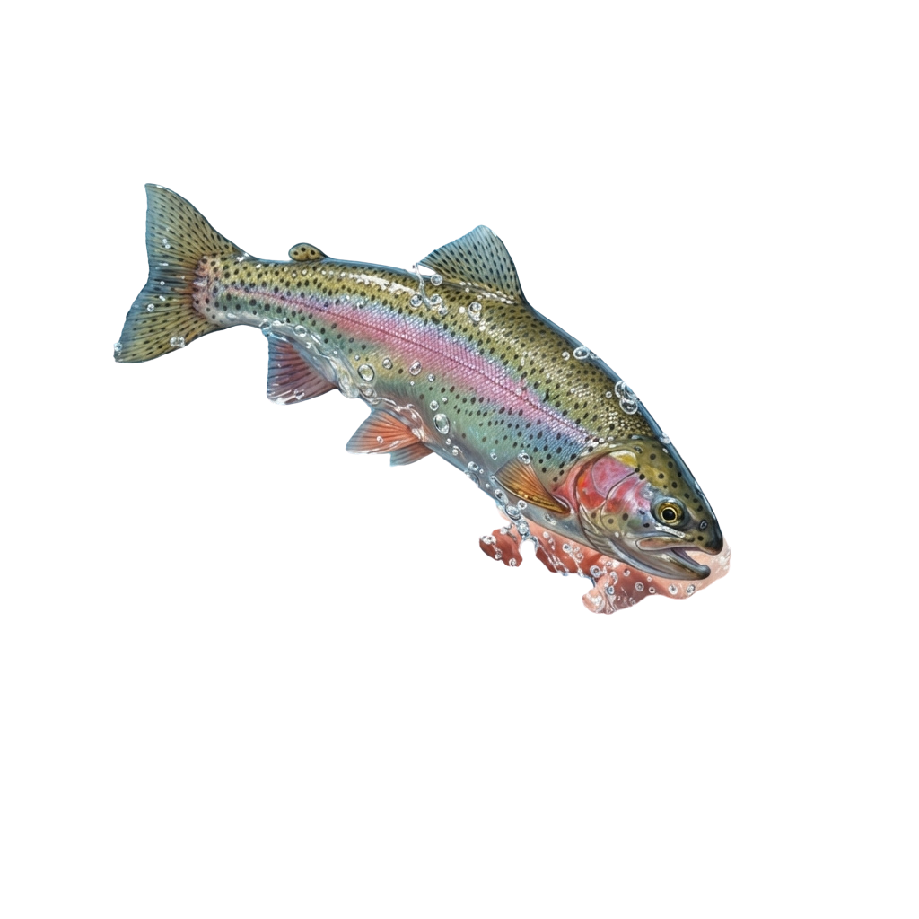 A close-up image of a rainbow trout with vibrant colors swimming against a black background