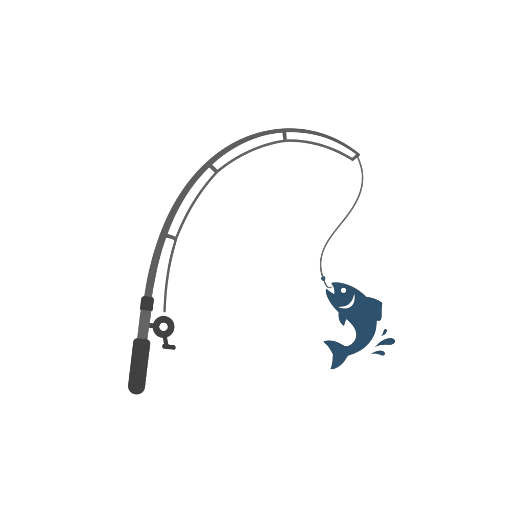 Illustration of a fishing rod with a hook and a blue fish on the line