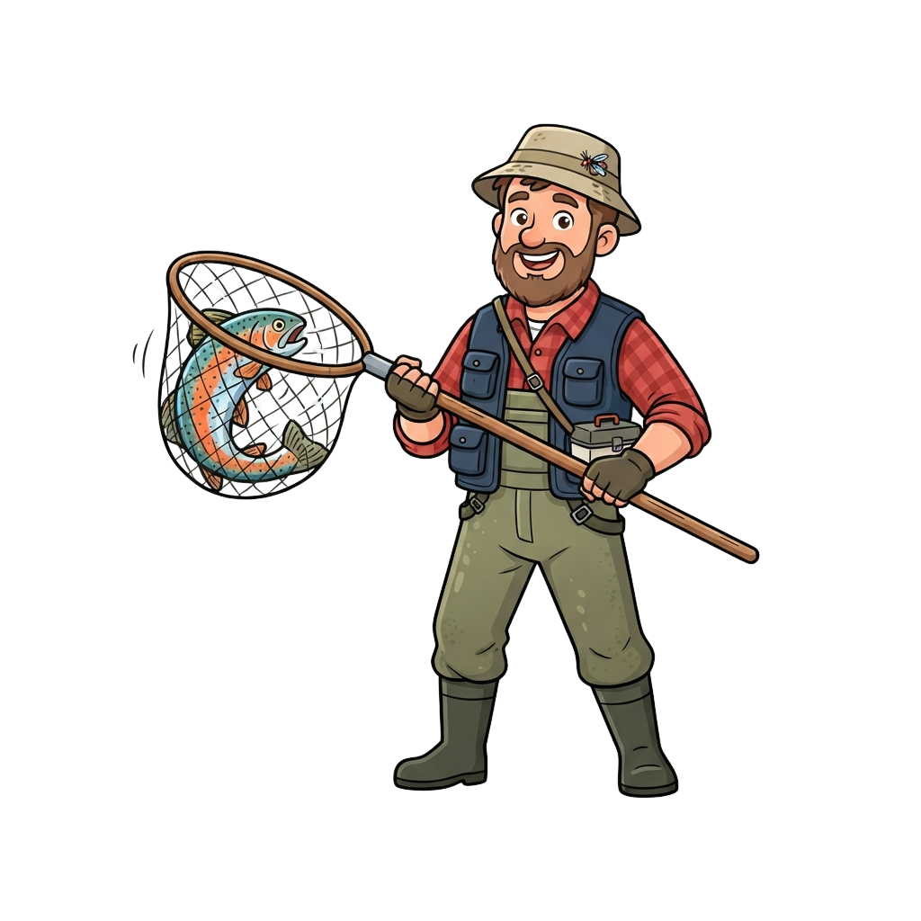 Illustration of a cheerful fisherman holding a net filled with colorful fish, wearing a hat and explorer-style outfit