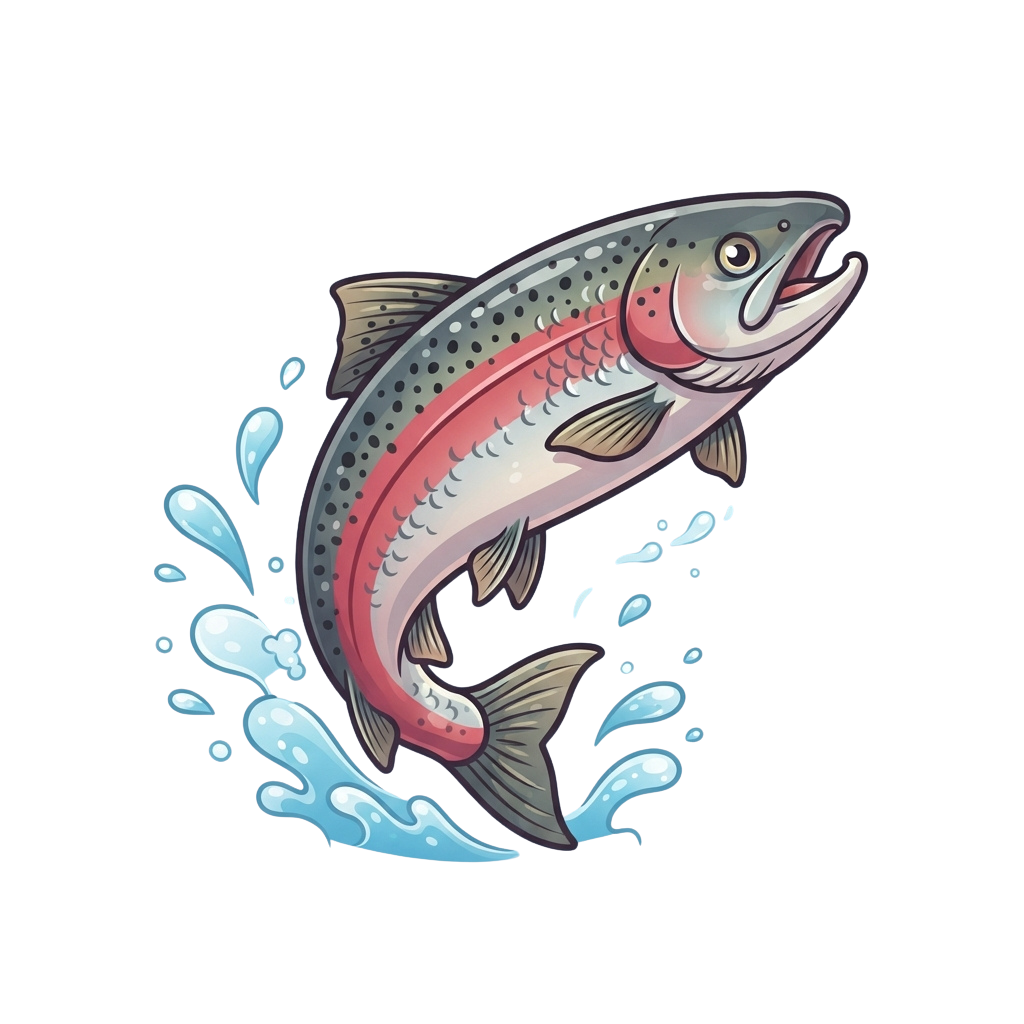 A salmon fish leaping out of water with splashes around it