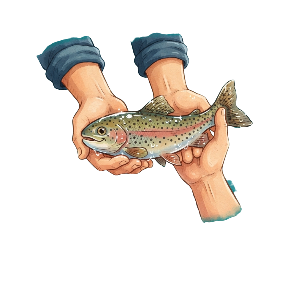 Illustration of two hands gently holding a brown trout fish with visible spots and fins