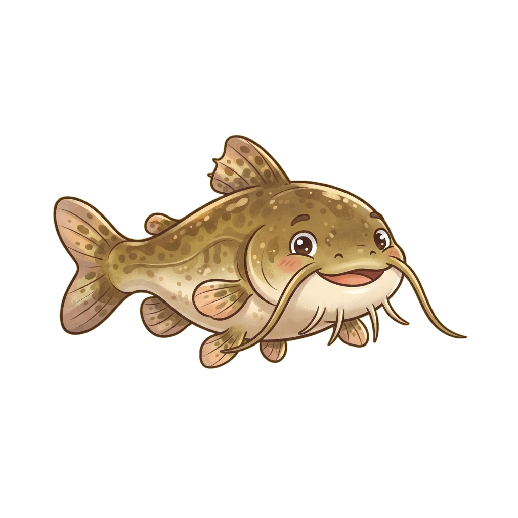 A cheerful cartoon catfish with large eyes, whiskers, and a smiling face swimming in a playful pose