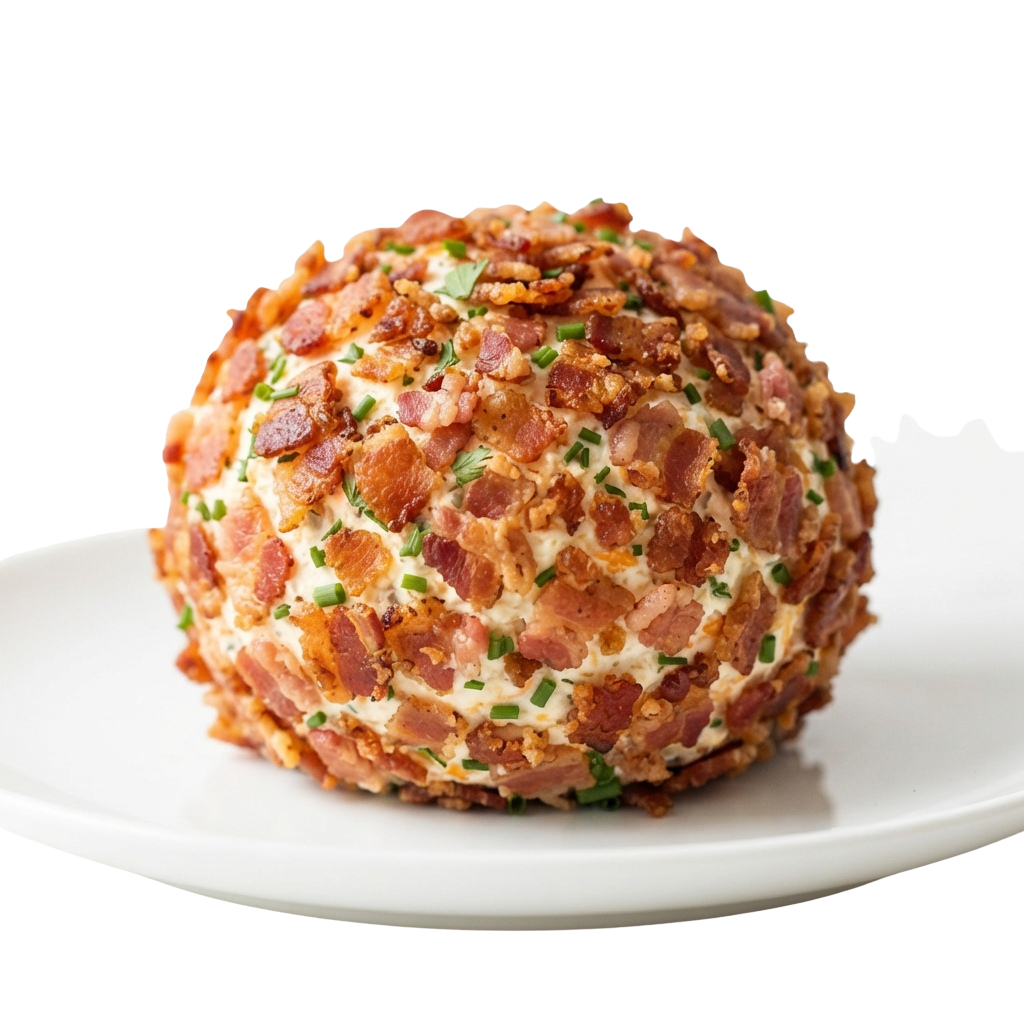 A round appetizer made of bacon, cheese, and green onions on a white plate against a black background