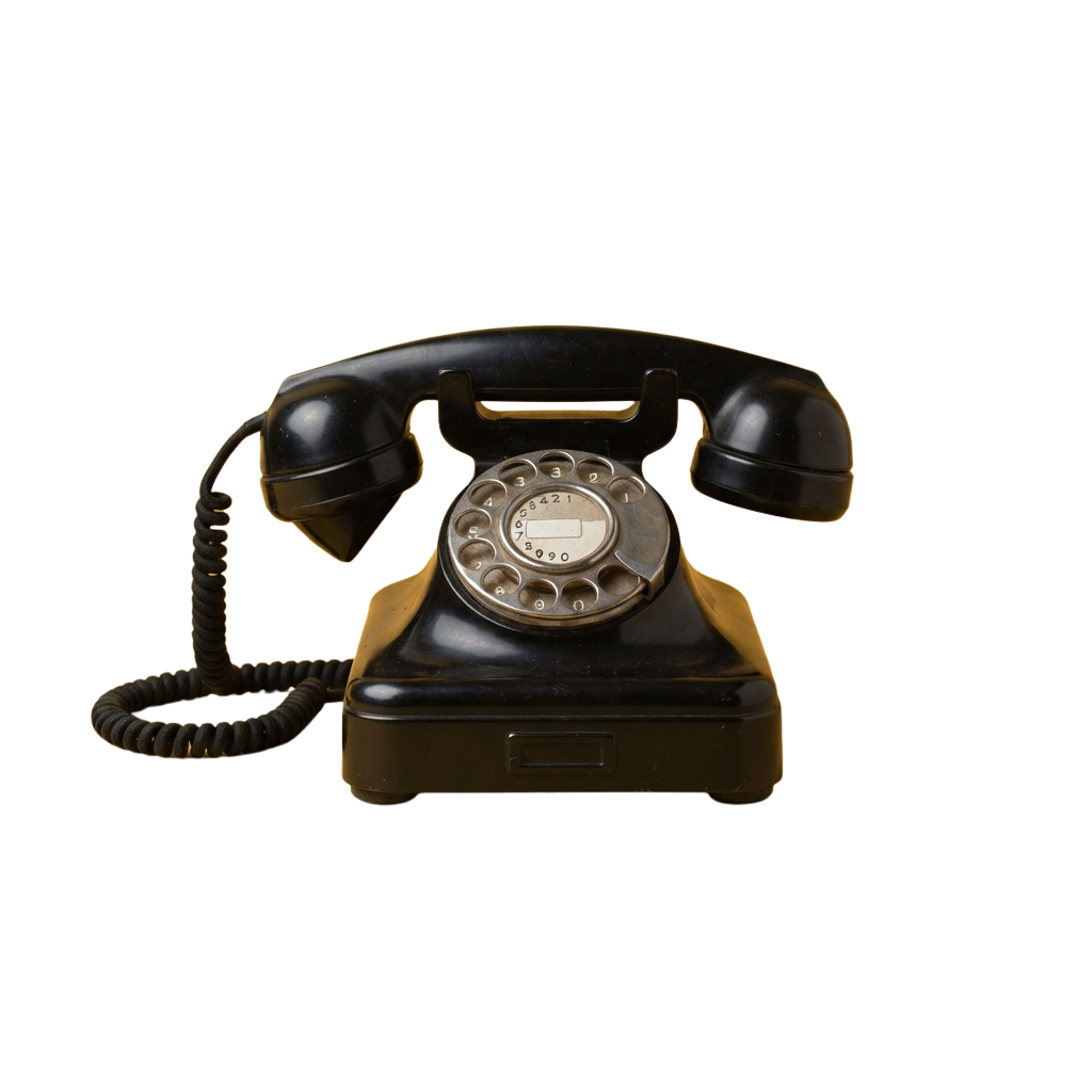 A black rotary telephone with a gold base and coiled cord on a dark background