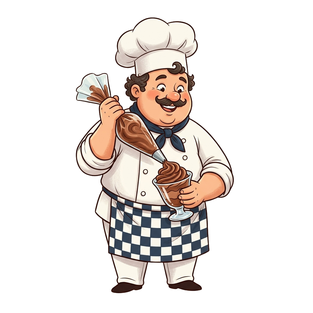 A cheerful cartoon chef in a white hat and apron holding chocolate sauce and napkins