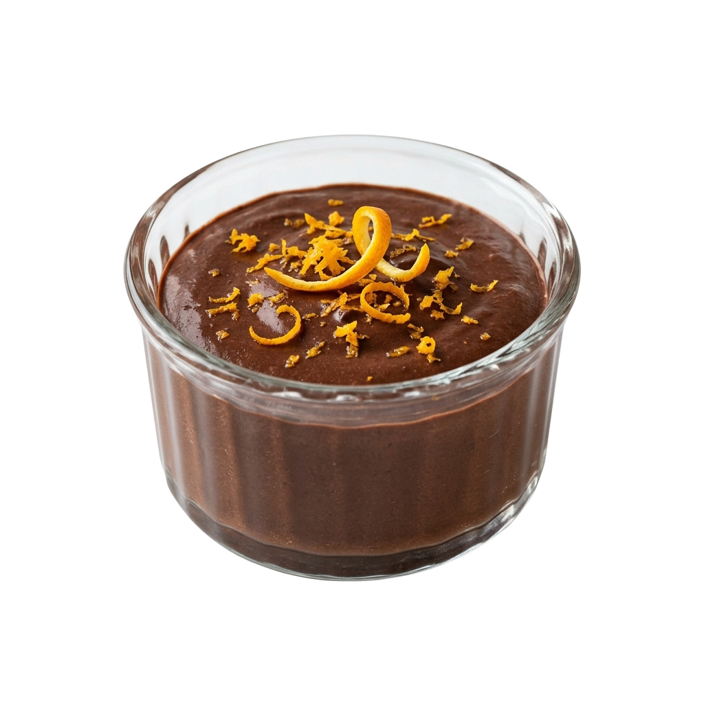 A glass bowl filled with smooth chocolate dessert topped with orange zest slices