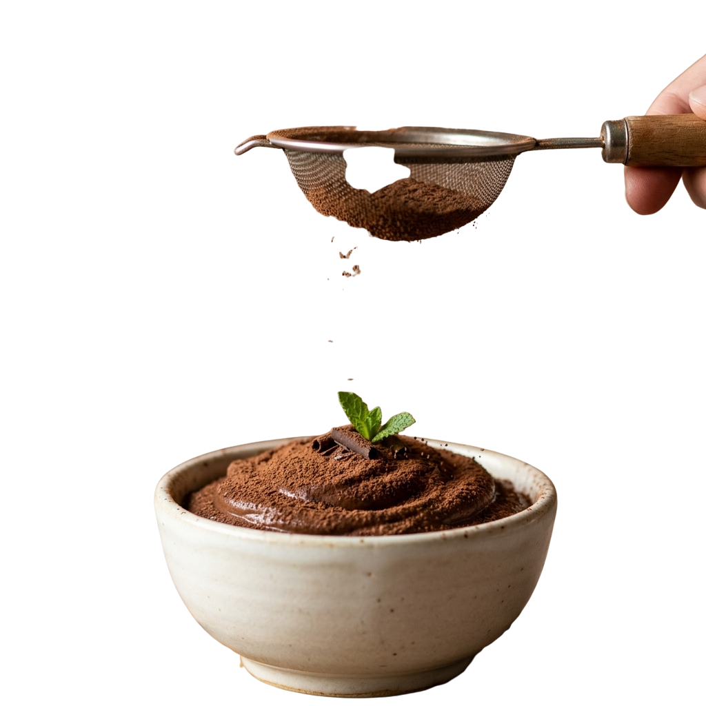 A ceramic bowl filled with chocolate mousse topped with a small mint leaf, with chocolate shavings being sprinkled from a strainer.