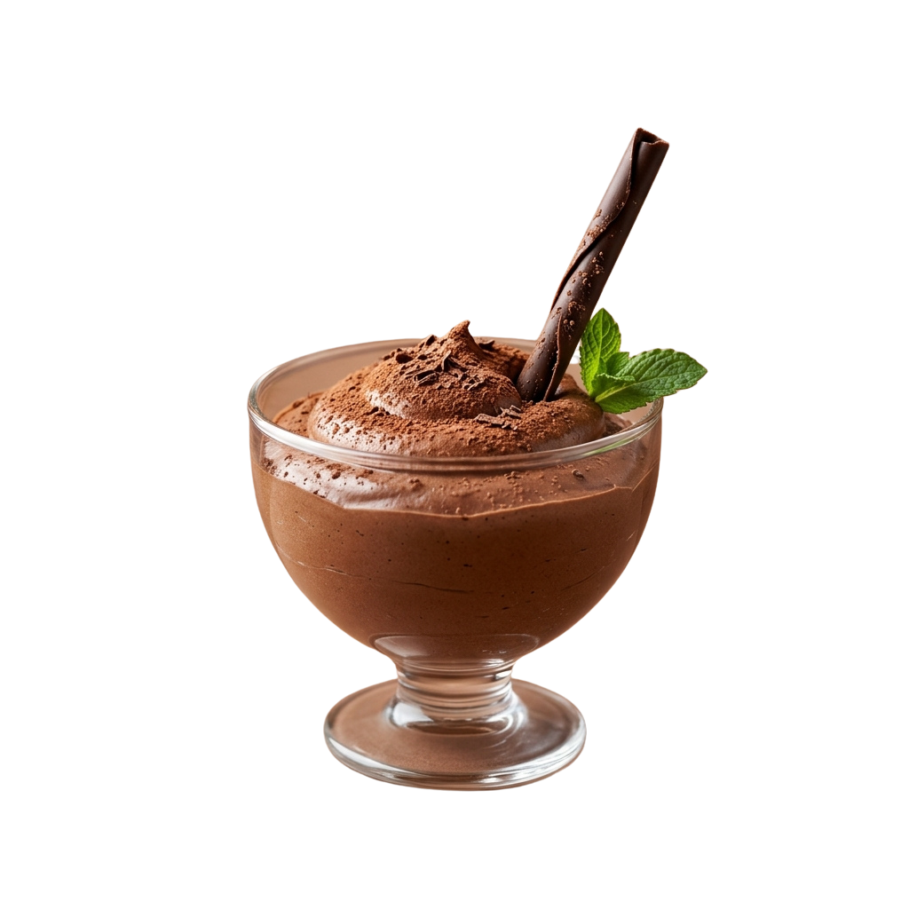 Glass bowl of thick chocolate mousse topped with cocoa powder and a mint leaf, served with a chocolate stick