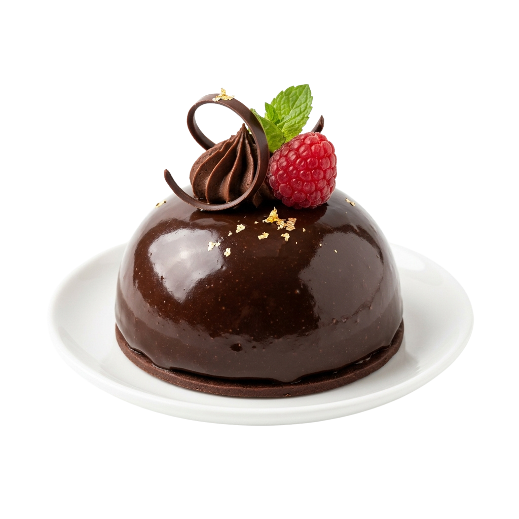 A glossy chocolate dome dessert topped with a raspberry and mint leaf garnish on a white plate