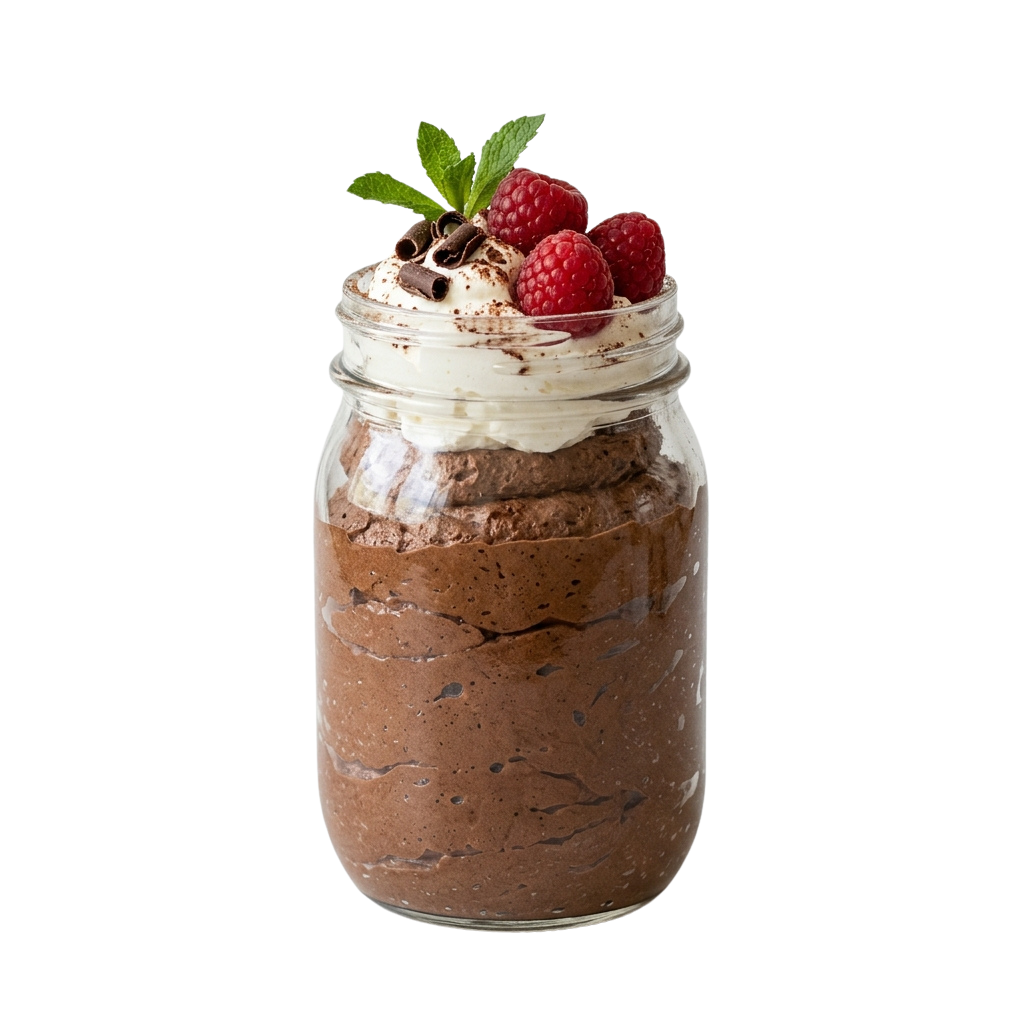 Glass jar filled with chocolate mousse topped with whipped cream, raspberries, and chocolate drizzle.