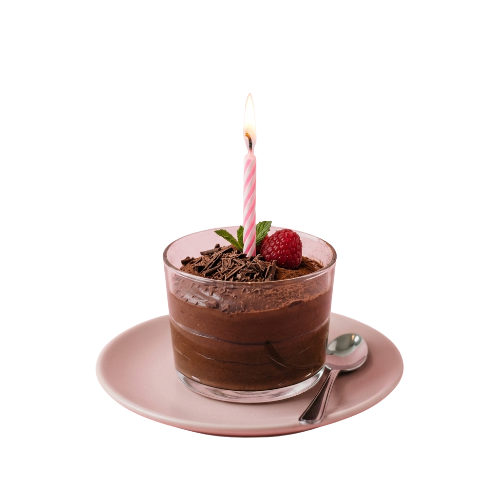 Single-serving chocolate dessert in a glass cup with a lit pink candle and chocolate shavings, raspberry, and mint garnish on a pink plate
