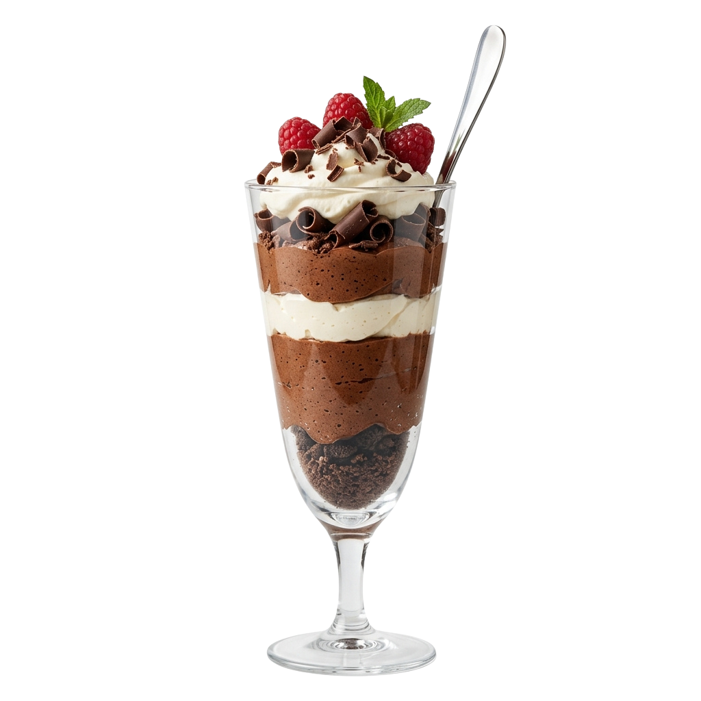 A layered chocolate and cream dessert topped with raspberries and chocolate shavings in a glass