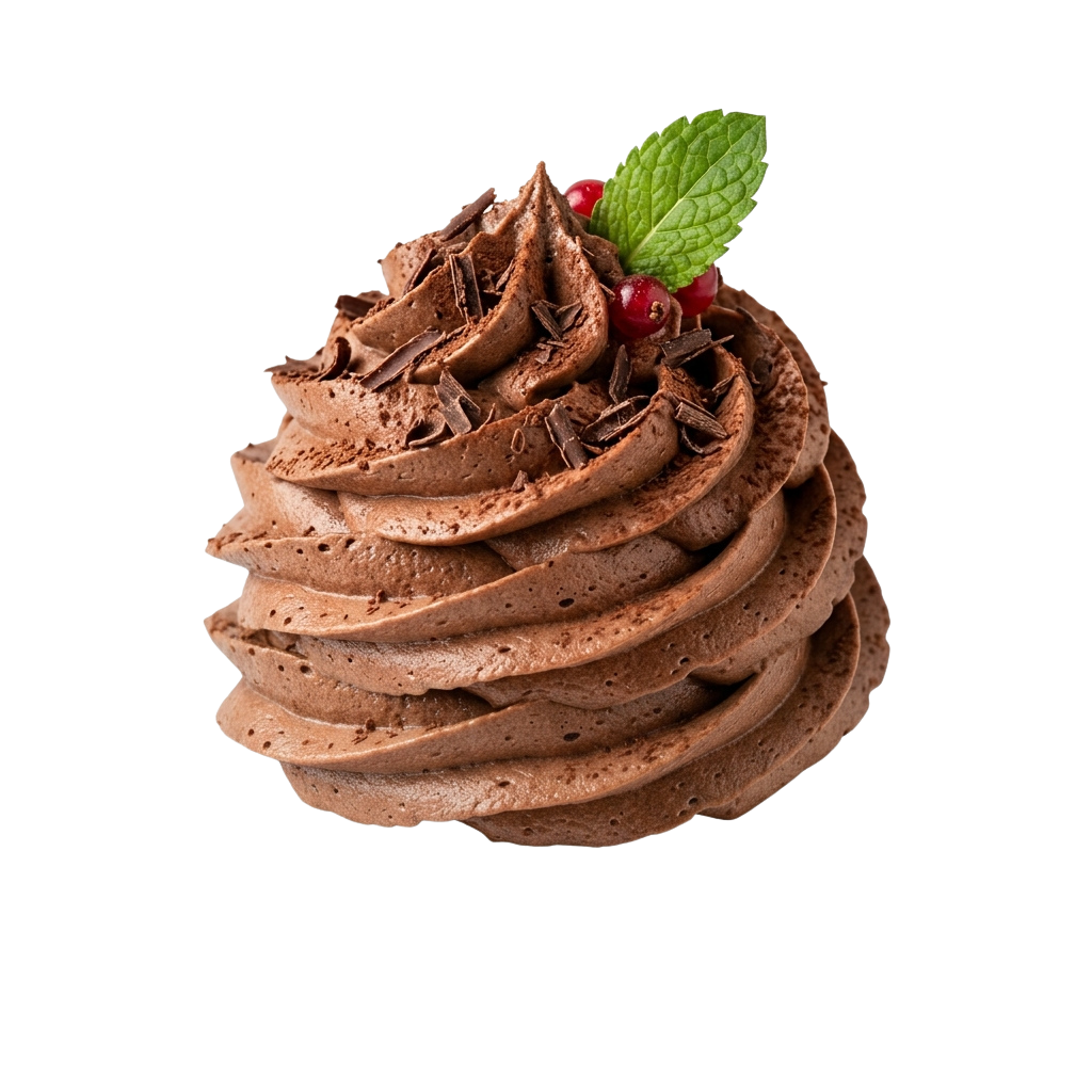 A close-up of a creamy chocolate mousse topped with chocolate shavings, red berries, and a mint leaf