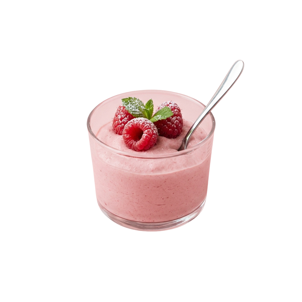 A glass bowl filled with pink raspberry smoothie topped with fresh raspberries and mint leaves, served with a spoon