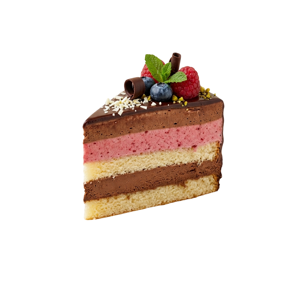A slice of layered cake with chocolate, raspberry, and vanilla filling topped with berries and chocolate shavings