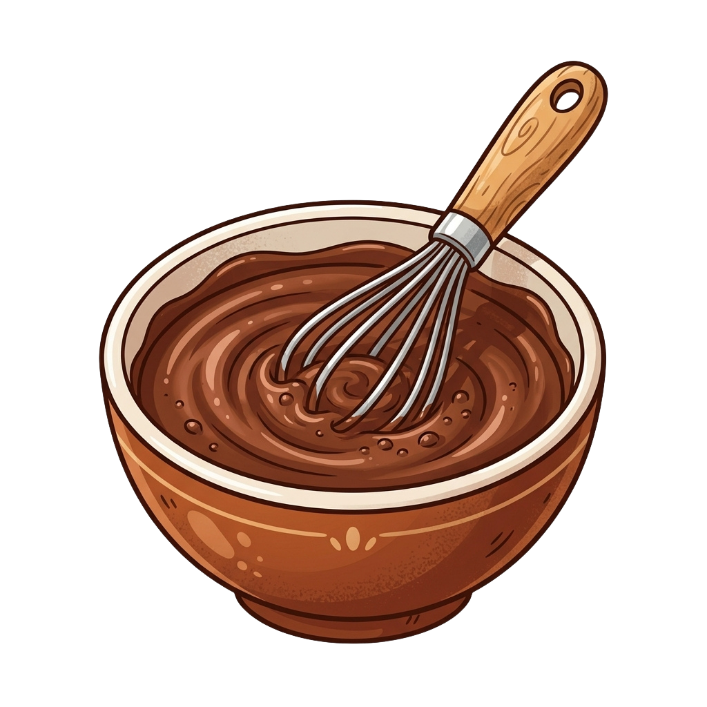 A wooden bowl filled with thick chocolate mixture and a wooden-handled whisk inside it