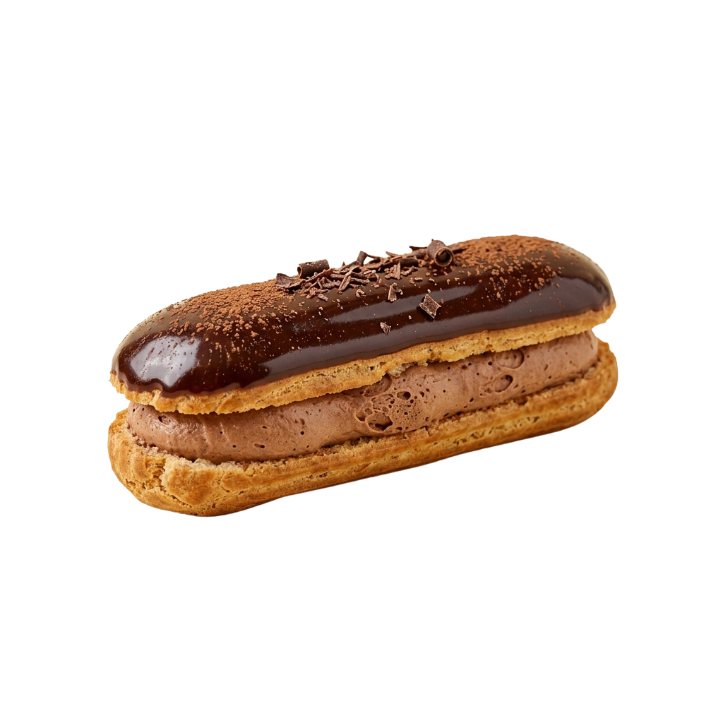 A chocolate eclair pastry topped with chocolate ganache and chocolate shavings on a black background