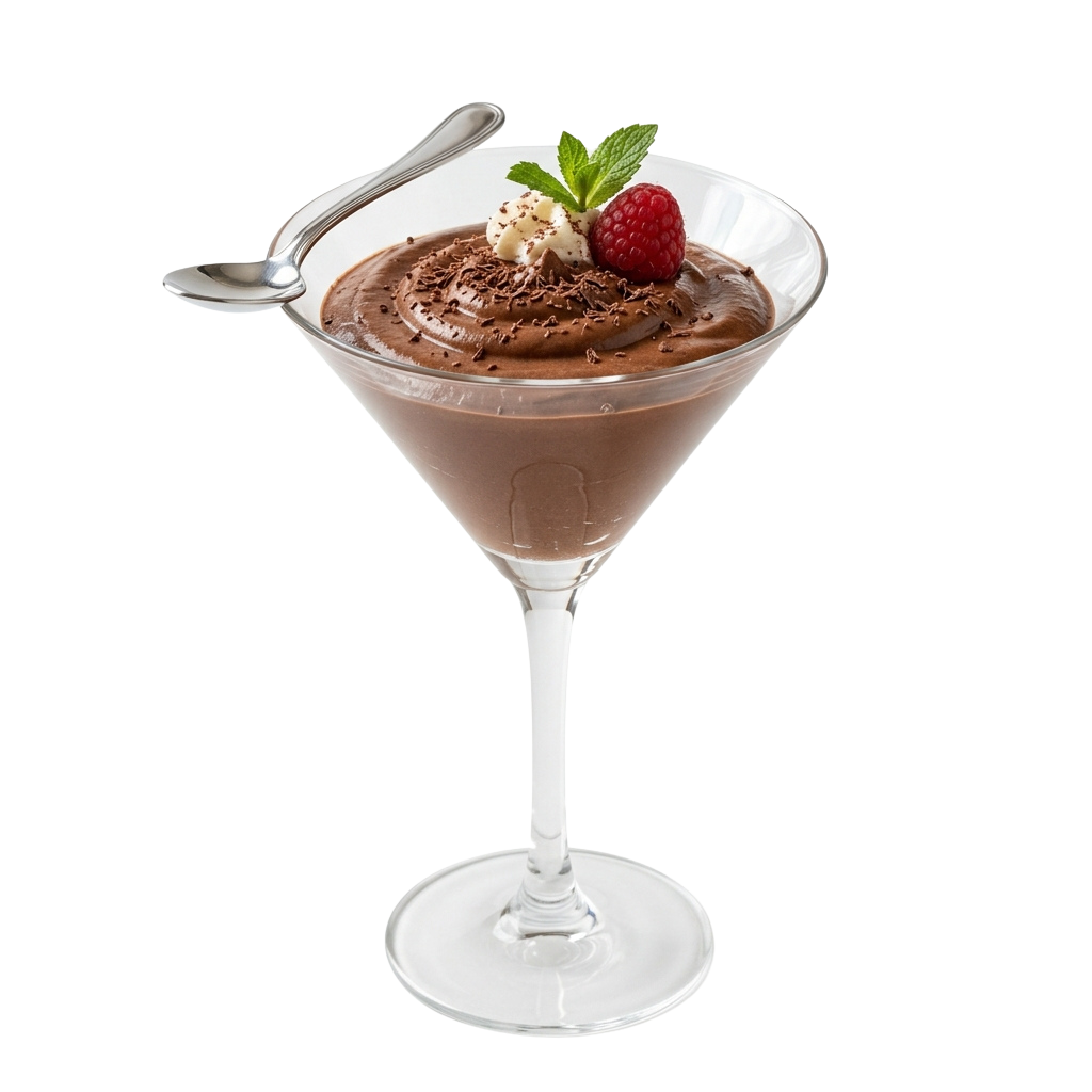 A glass filled with chocolate mousse dessert topped with whipped cream, a raspberry, and a mint leaf