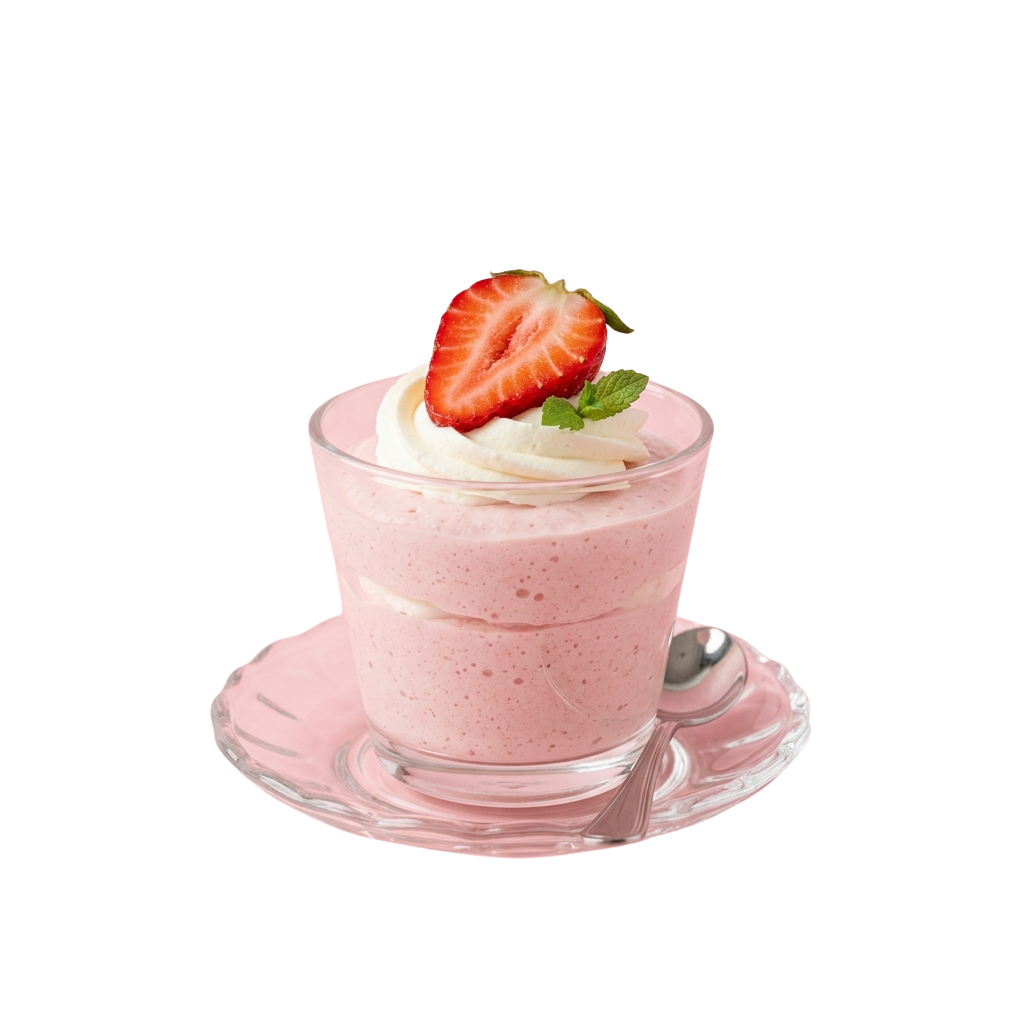 A glass cup of pink strawberry whipped cream dessert topped with a strawberry slice and mint leaf on a saucer