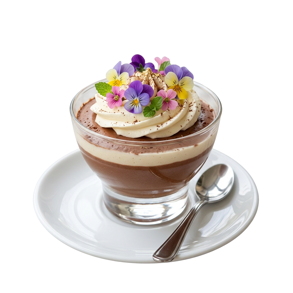 A glass dish of chocolate mousse topped with whipped cream, crumbled biscuit, and colorful edible flowers on a white plate with a spoon.