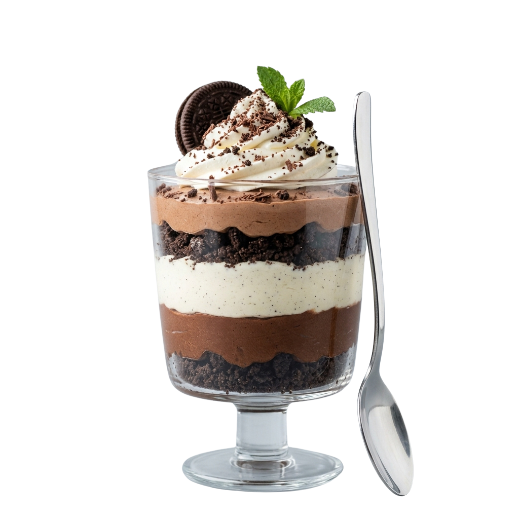 A layered dessert in a glass with chocolate, vanilla, and cookie crumb filling topped with whipped cream, chocolate shavings, and an Oreo cookie garnish