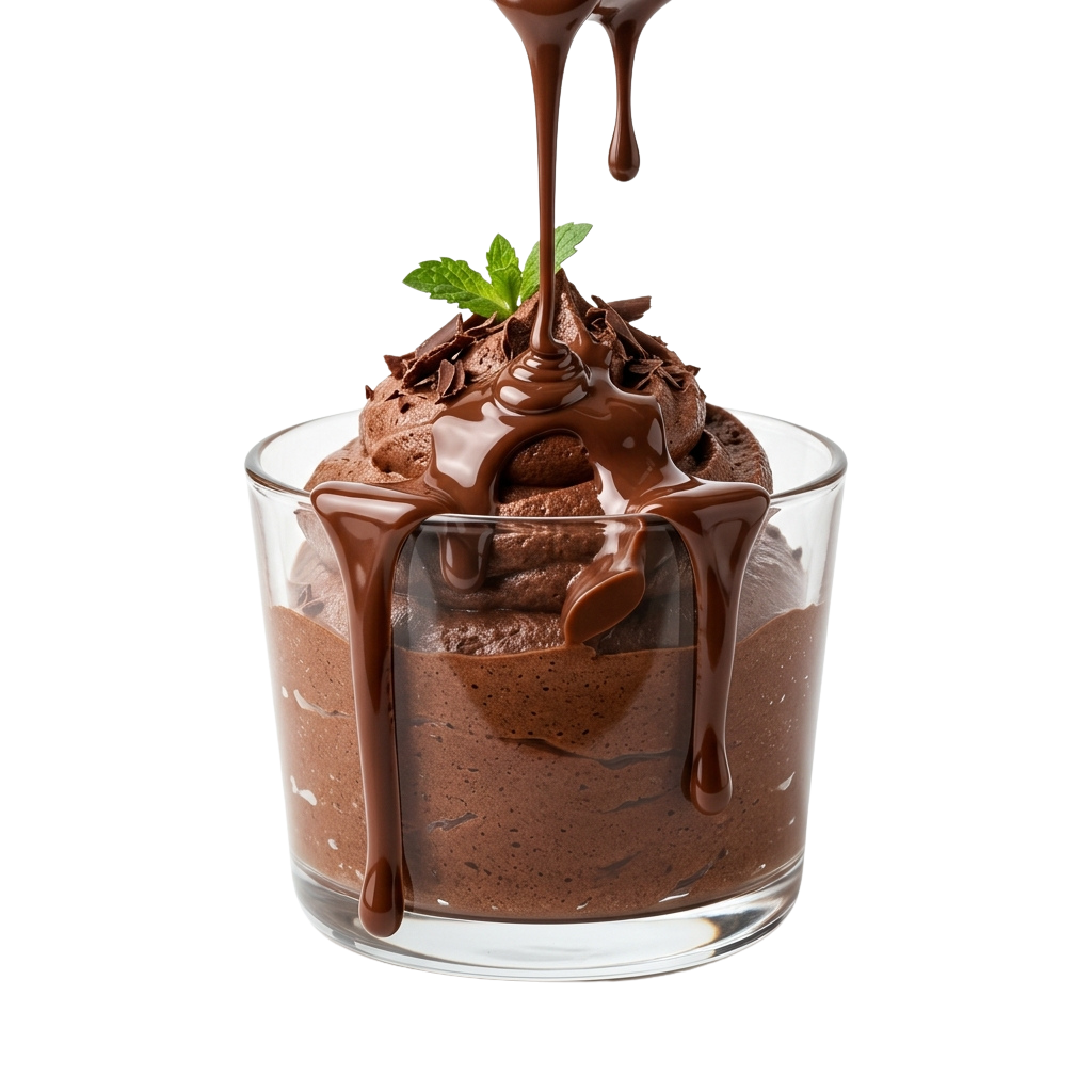 A glass cup filled with chocolate mousse dessert topped with chocolate sauce and a mint leaf garnish