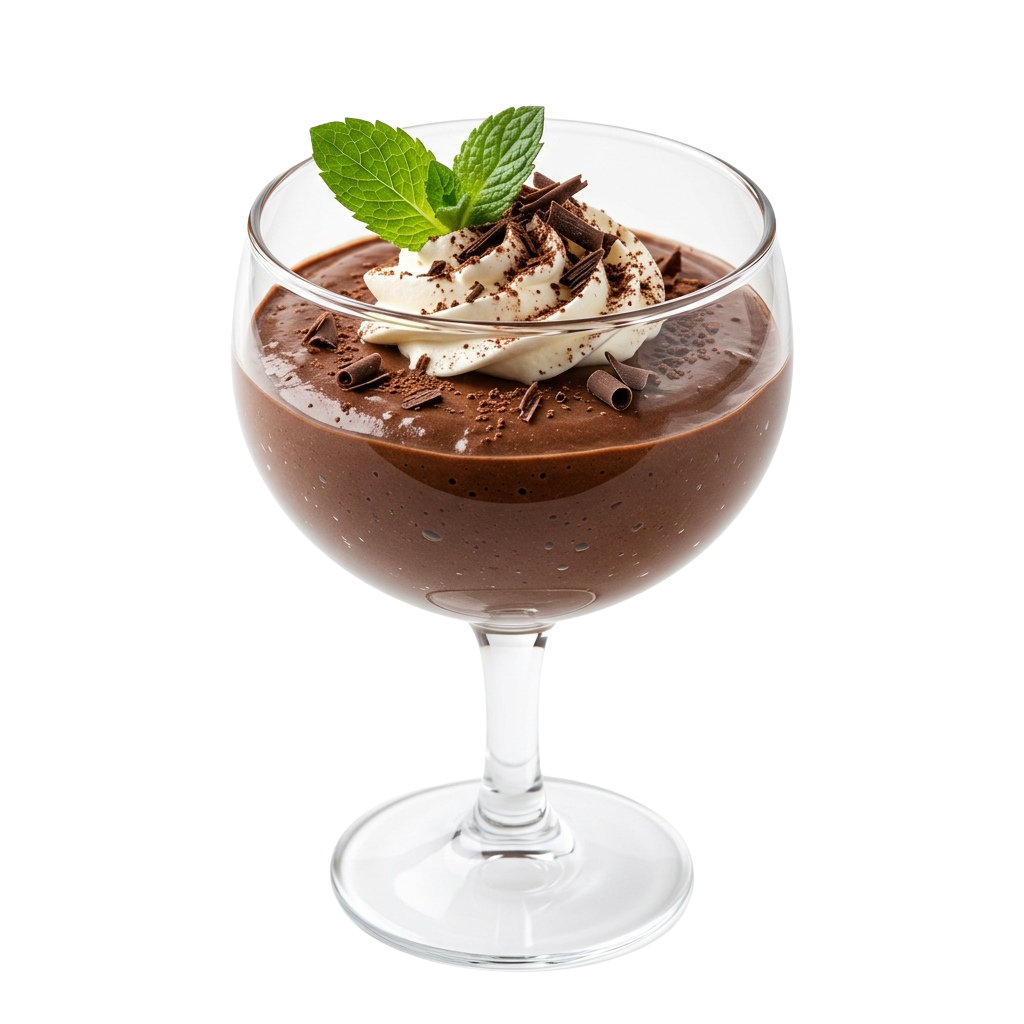 Glass of chocolate mousse topped with whipped cream, chocolate shavings, and a mint leaf
