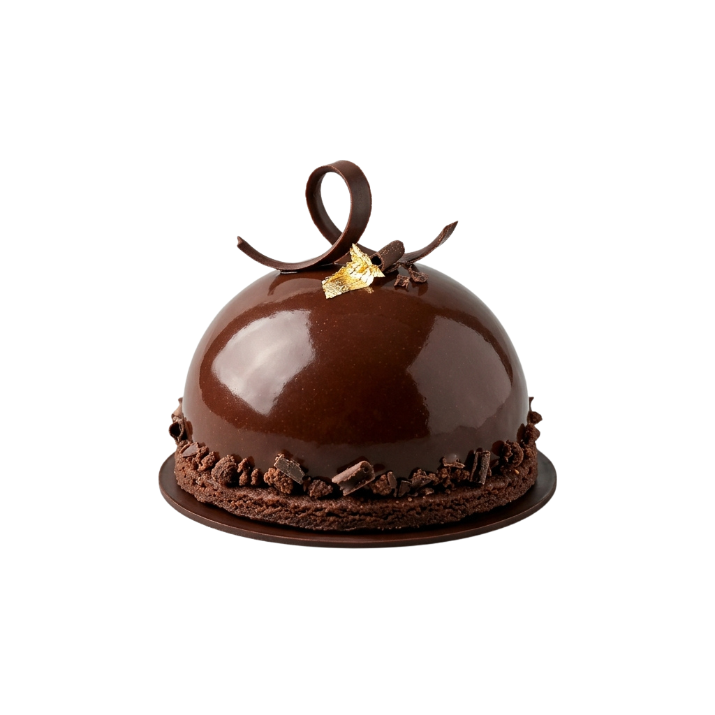 A glossy chocolate dome dessert with chocolate shavings and a decorative chocolate bow on top