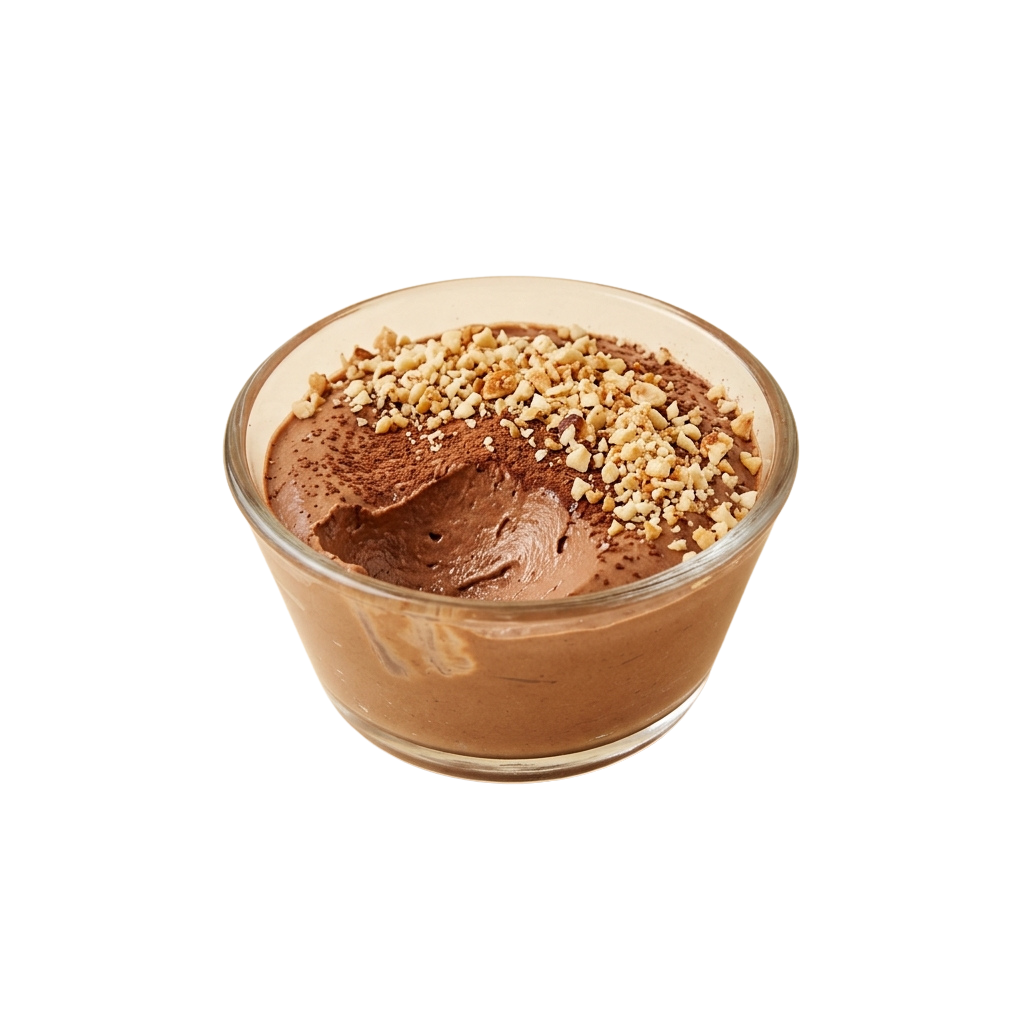 Glass cup filled with chocolate mousse topped with chopped nuts against a black background