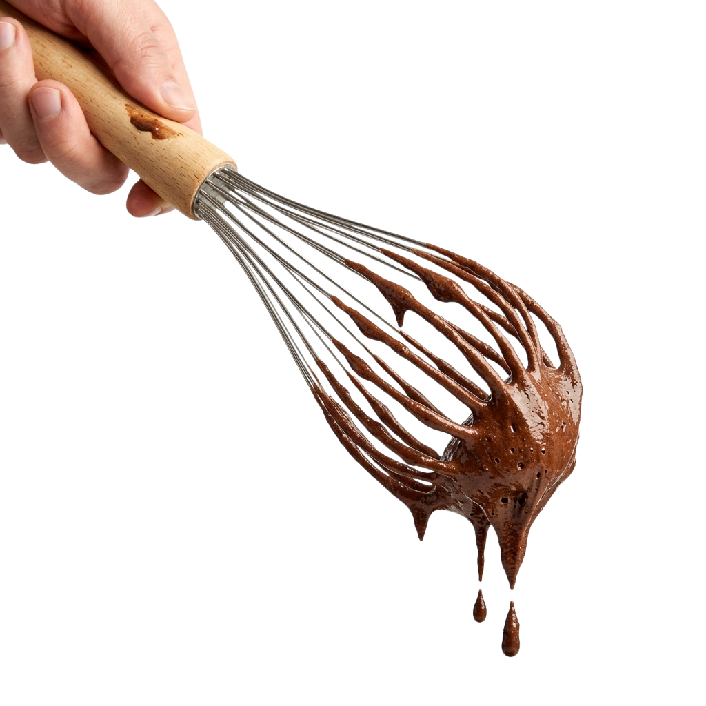 A wooden whisk with melted chocolate dripping from its wires against a black background