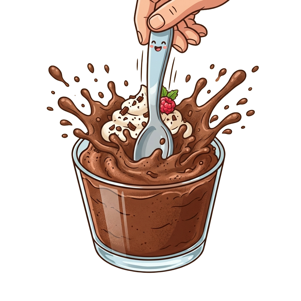A cartoon hand scoops whipped cream topped with a berry from a chocolate drink splashing with brown liquid.