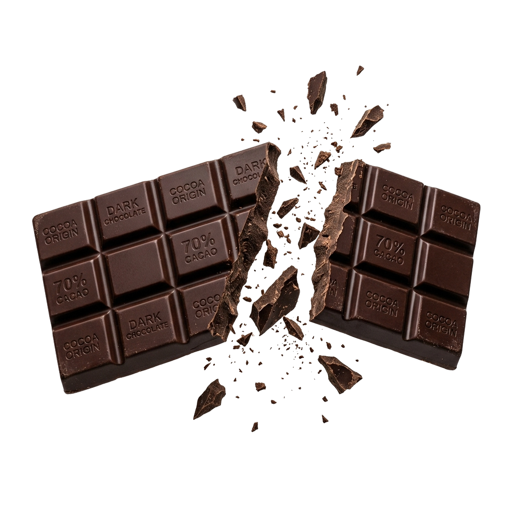 Two broken dark chocolate bars with 70 percent cacao content, showing pieces scattered around