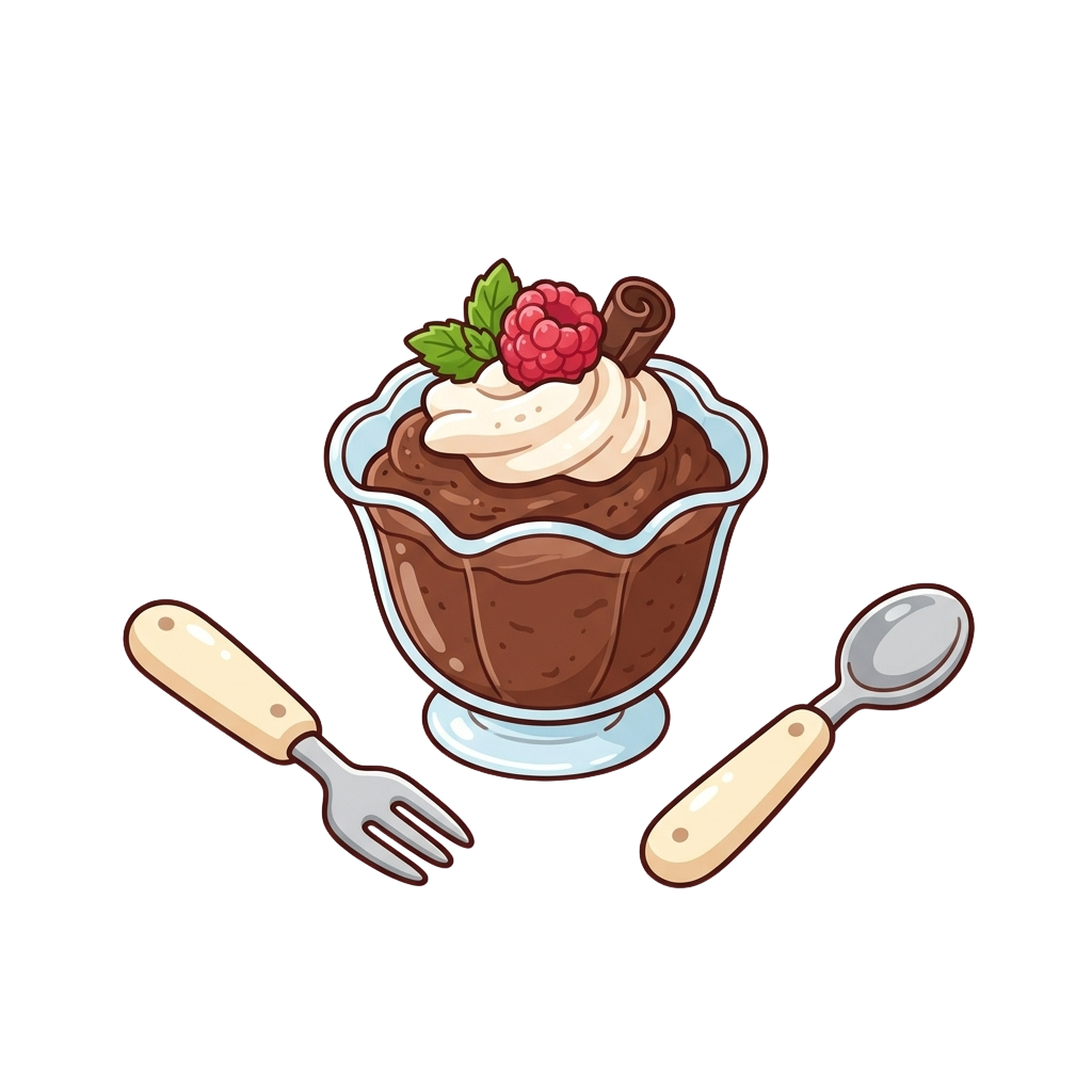 A cartoon-style chocolate mousse dessert in a blue-rimmed cup topped with whipped cream, raspberries, and mint leaves, with a fork and spoon beside it