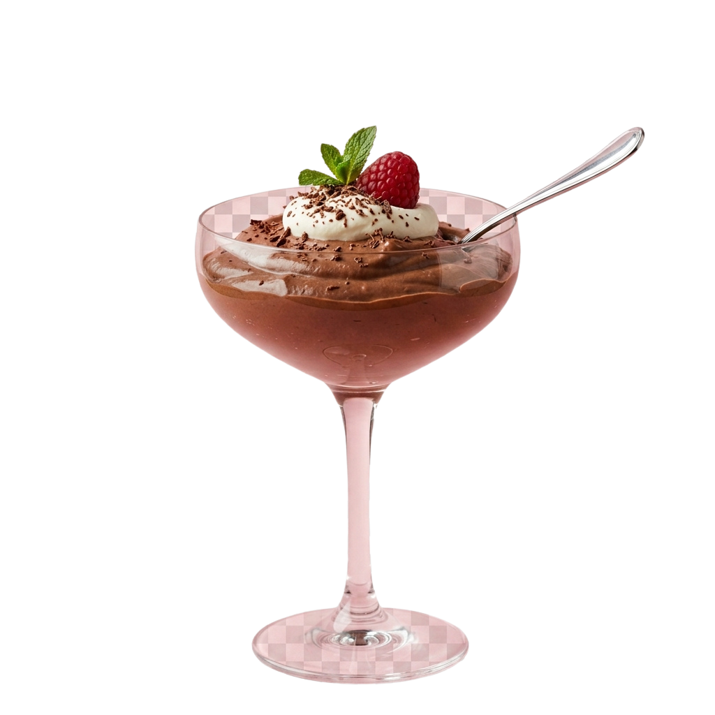 A glass dish filled with chocolate mousse topped with whipped cream, chocolate shavings, a raspberry, and mint leaf