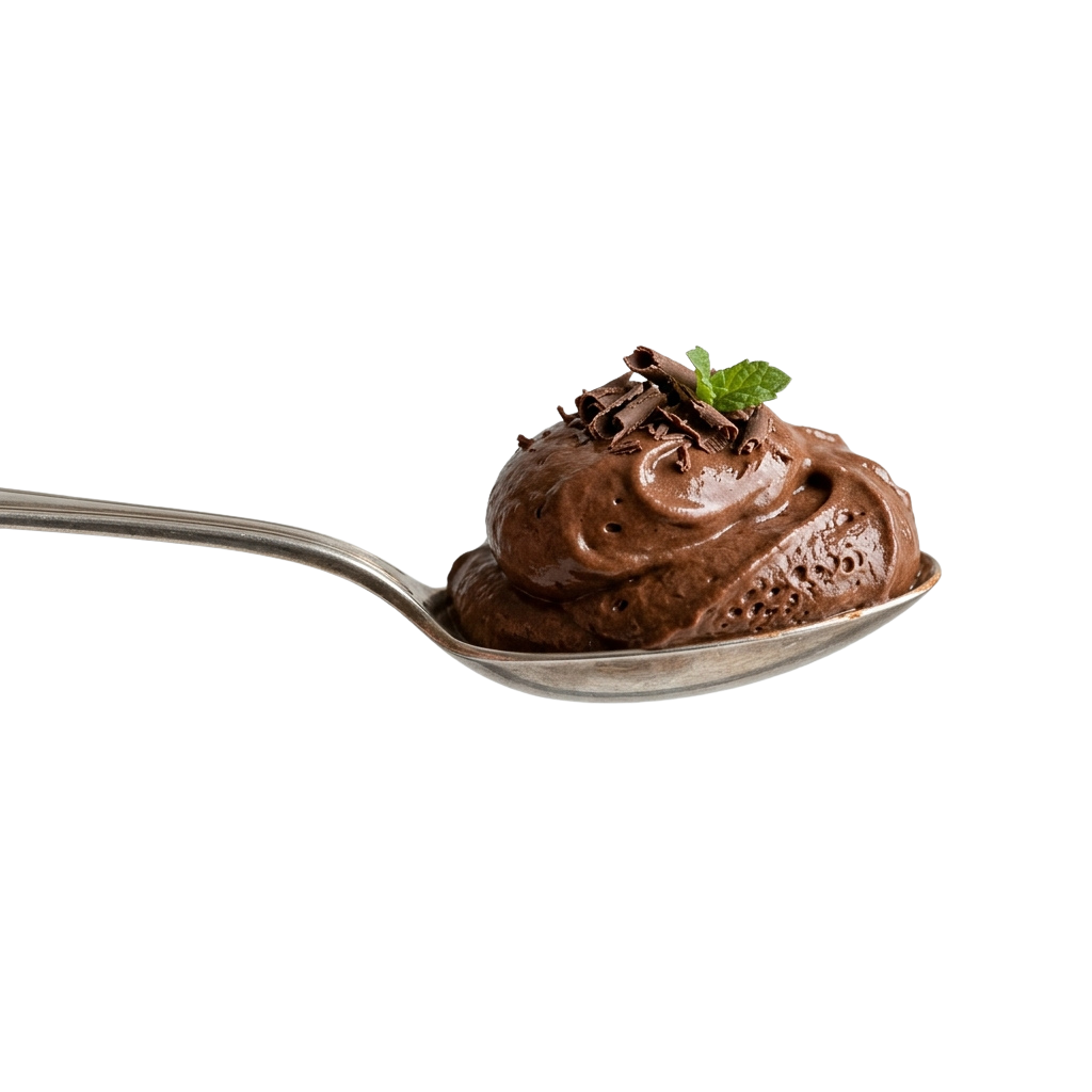 A spoonful of dark chocolate mousse topped with a mint leaf against a black background