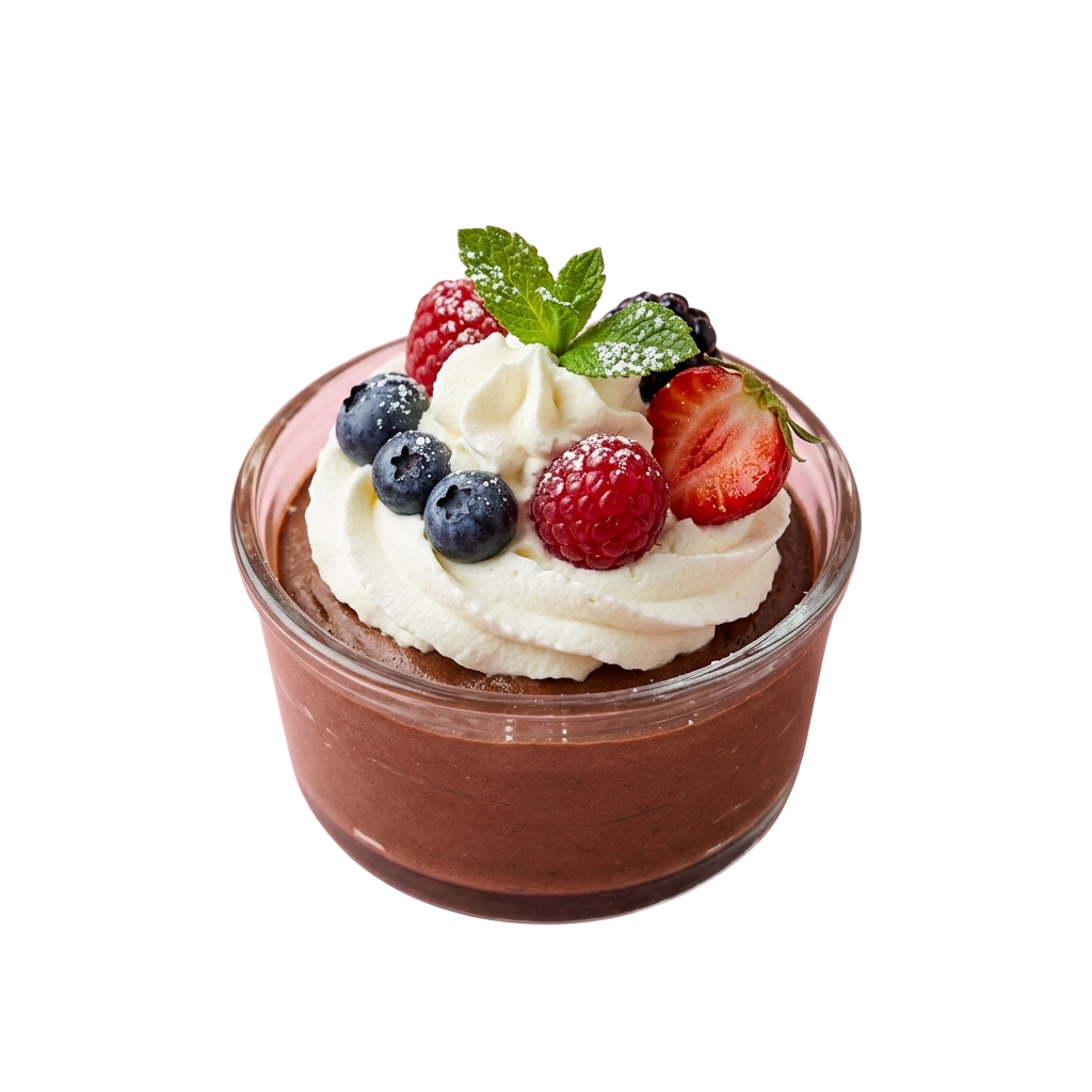 A dessert cup filled with chocolate mousse topped with whipped cream, fresh raspberries, blueberries, and a mint leaf
