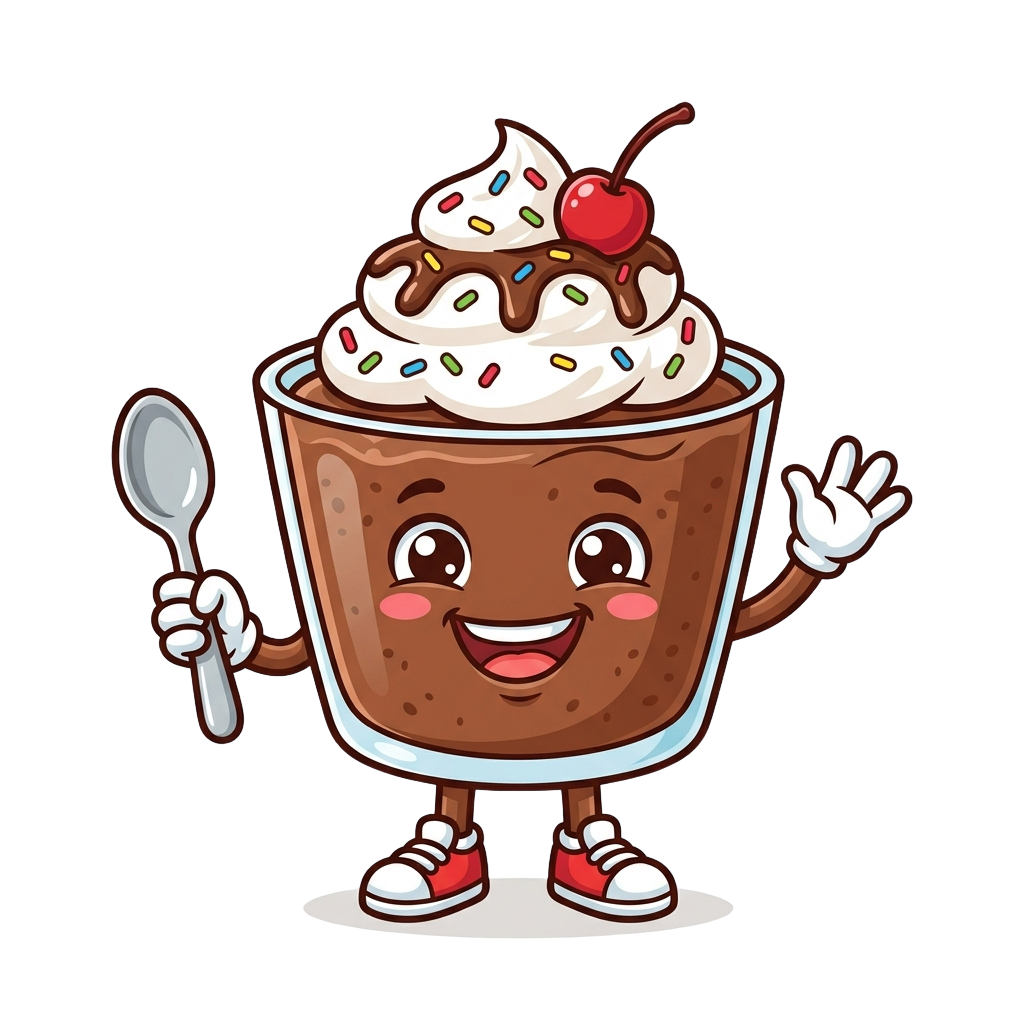 Animated chocolate ice cream cup with a face, waving, holding a spoon, and topped with whipped cream and a cherry