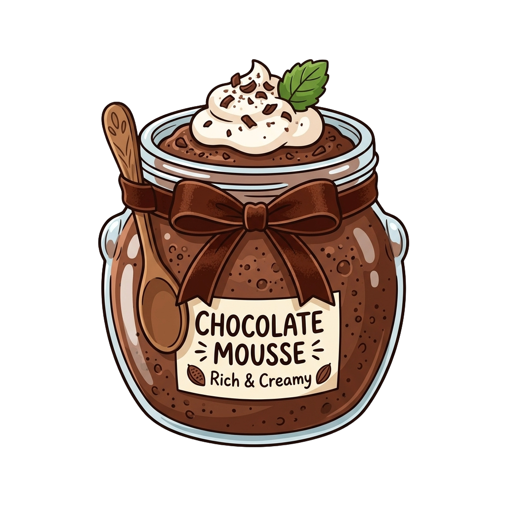 Illustration of a jar of chocolate mousse topped with whipped cream and a leaf garnish, tied with a decorative bow.