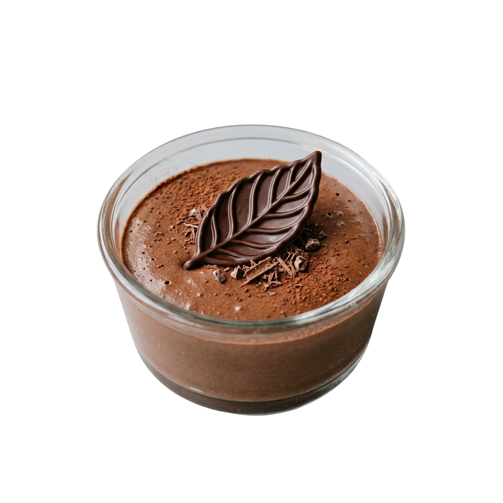 A glass cup filled with smooth chocolate mousse topped with a chocolate leaf decoration and shavings