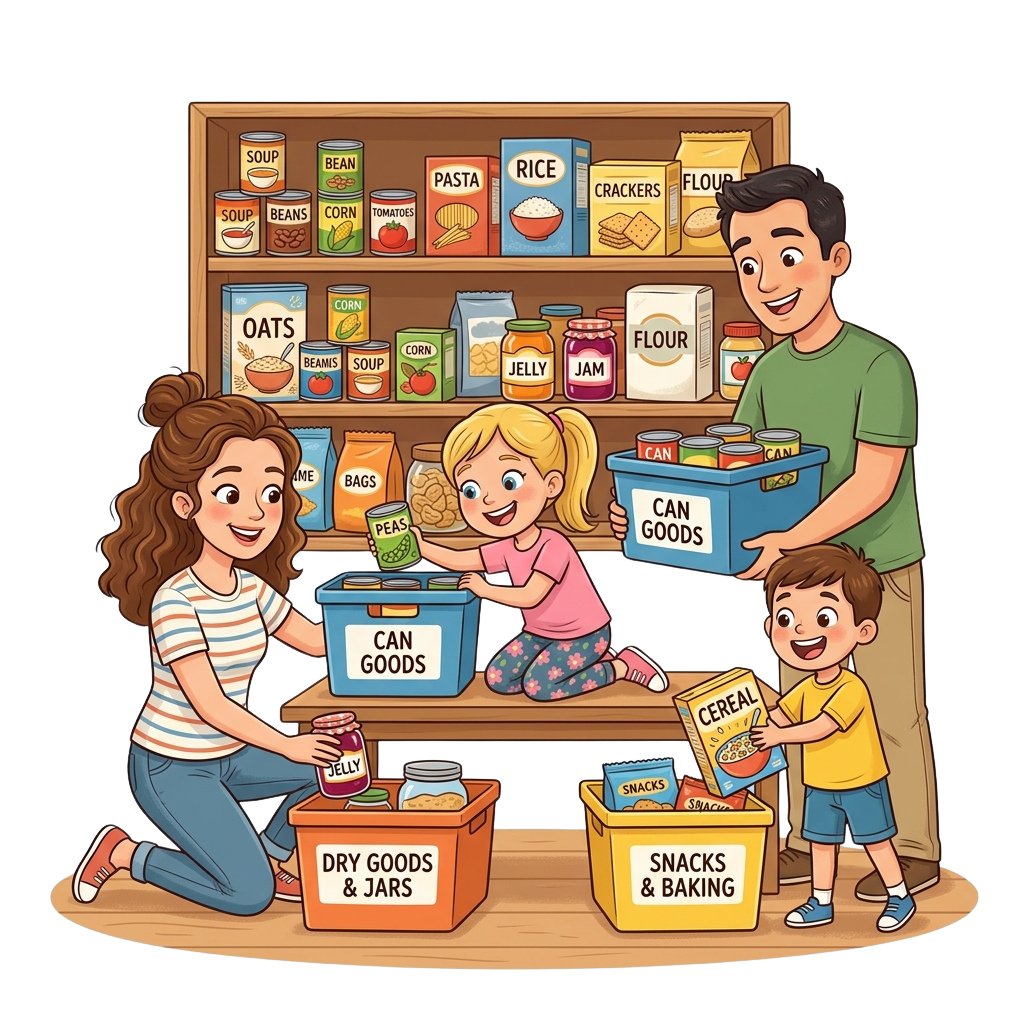 Family sorting canned goods, dry goods, snacks, and baking items into labeled boxes on shelves
