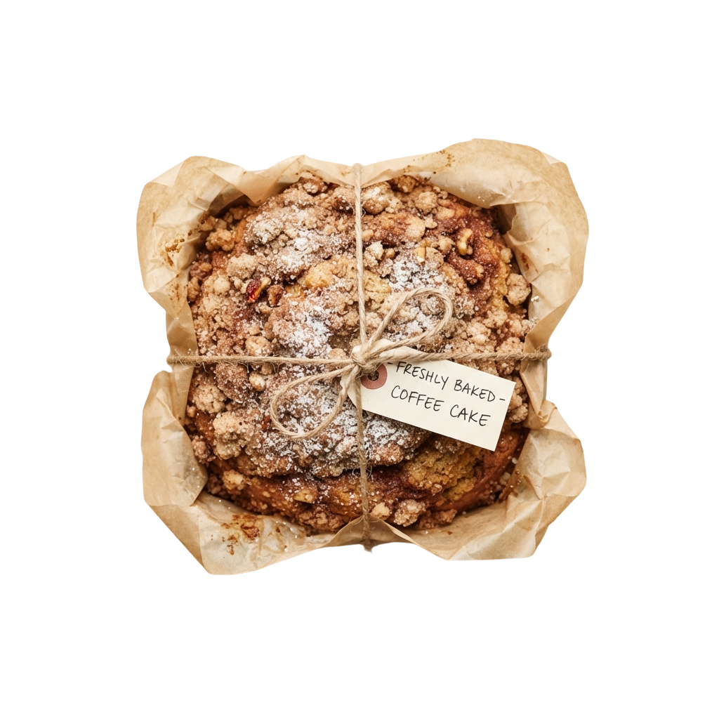 Two slices of freshly baked coffee cake dusted with powdered sugar wrapped in parchment paper with a tag.