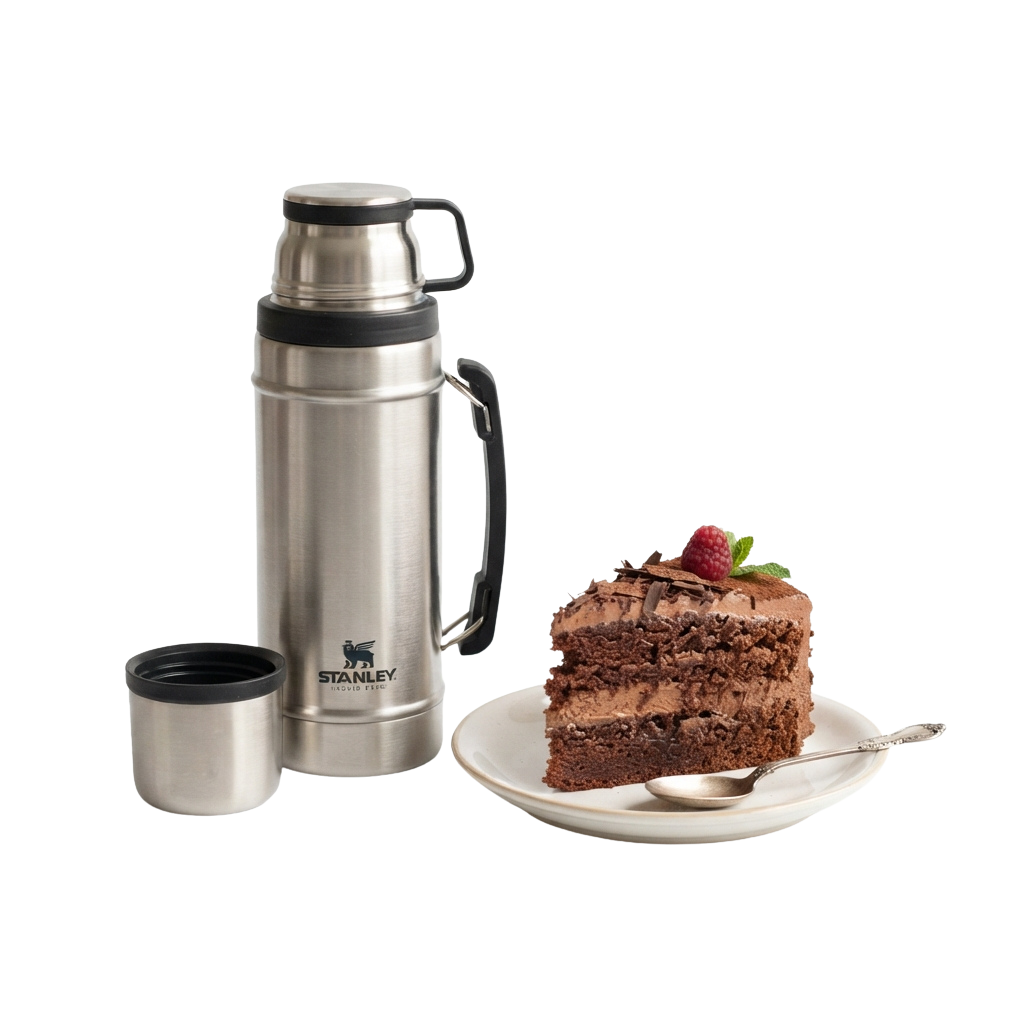 A stainless steel thermos with a handle and lid, a small matching cup, and a slice of chocolate cake with raspberries on a plate.