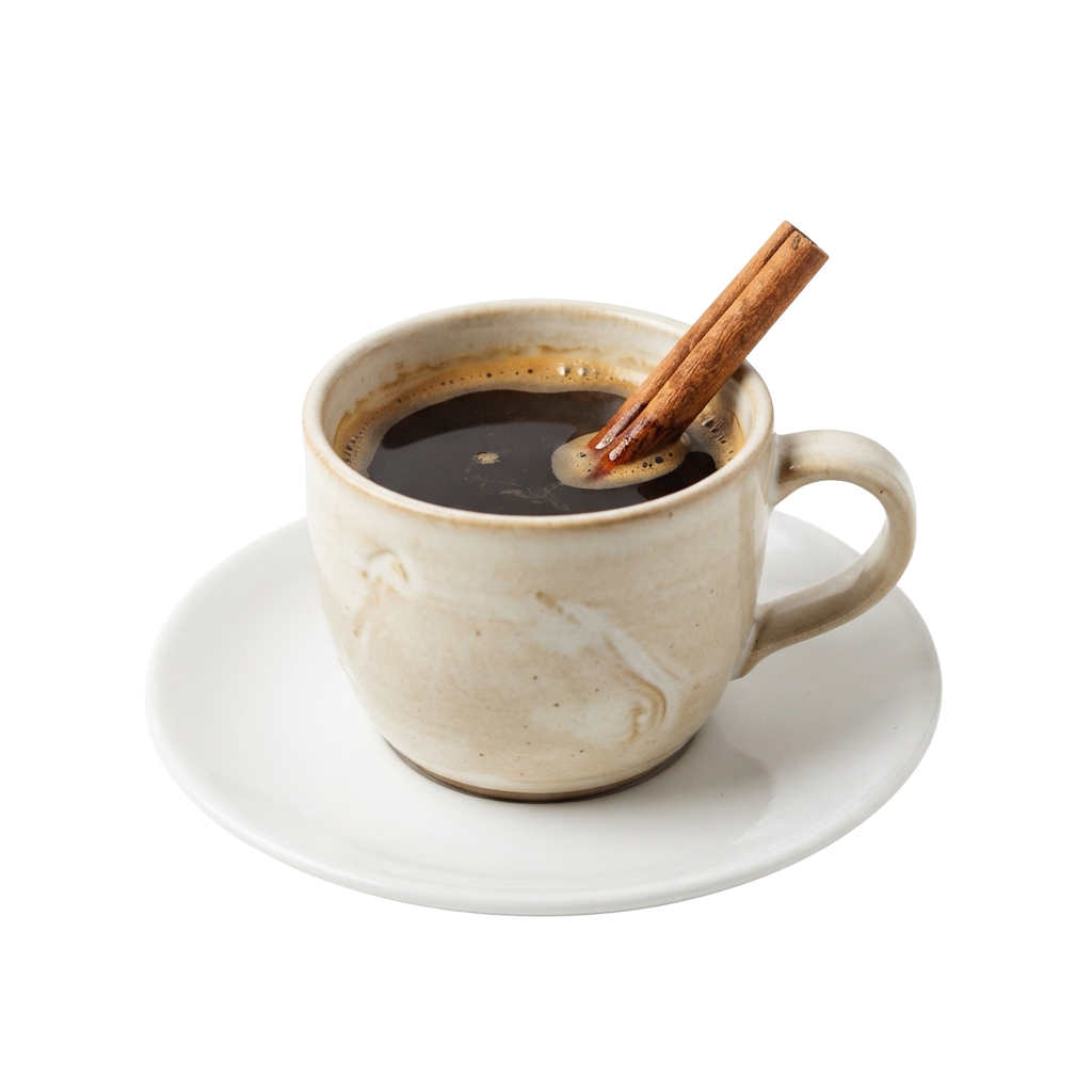 A white ceramic coffee cup with a cinnamon stick stirrer on a matching saucer