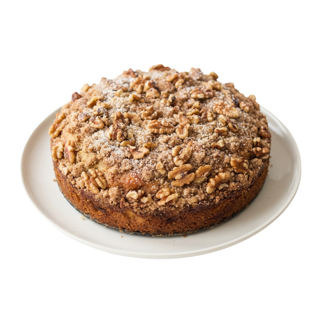 Round cake topped with chopped walnuts and powdered sugar on a white plate