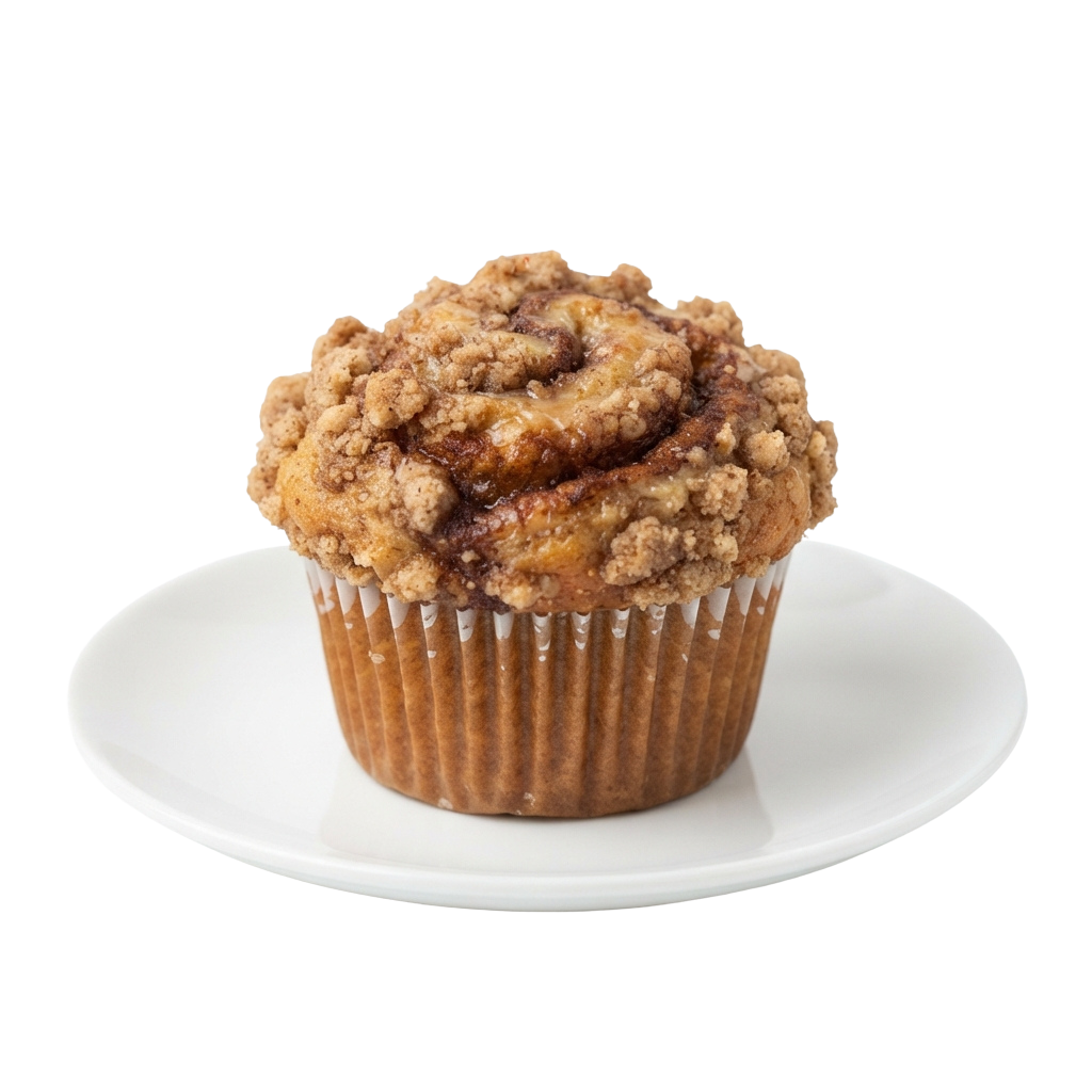 A baked muffin with a crumbly streusel topping on a white plate against a black background