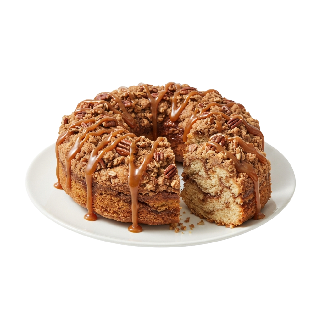 A sliced bundt cake topped with chopped pecans and caramel drizzle on a white plate