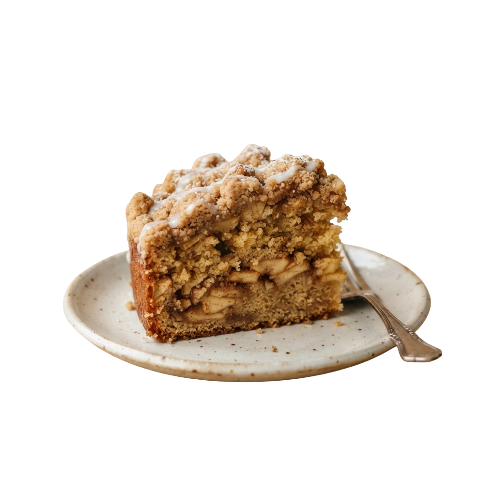 A slice of apple crumb cake on a white plate with a fork beside it.