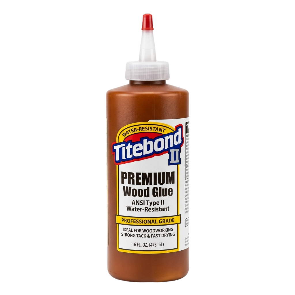 Bottle of water-resistant wood glue with a red and white nozzle, labeled as premium professional grade glue.