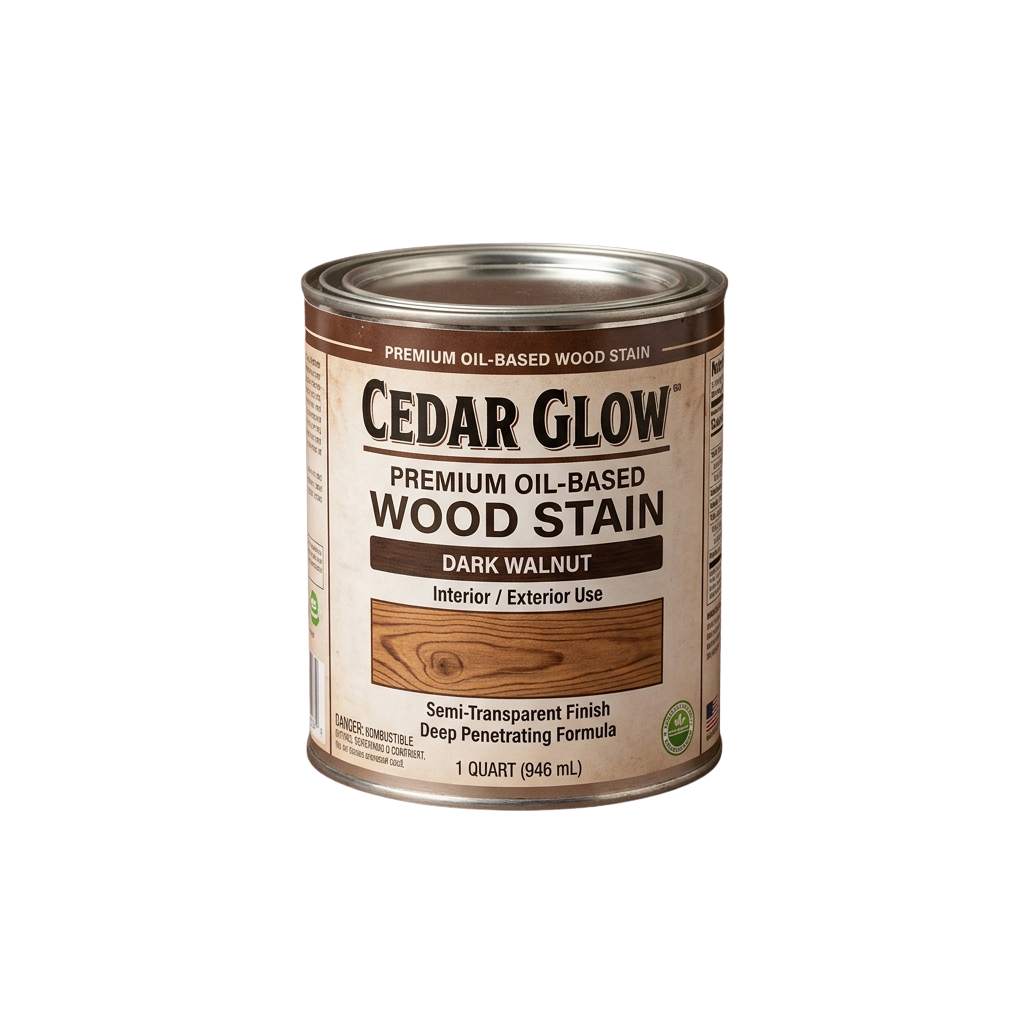 Can of premium oil-based dark walnut wood stain for interior and exterior use